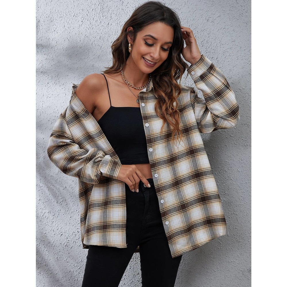 Preppy Plaid Print oversized long sleeve button up Shirt - Picture 9 of 11